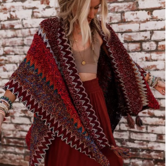 New Bohemian Crochet Ruana Knit Tasseled Cardigan Sweater Duster Wrap Blanket - Picture 3 of 9